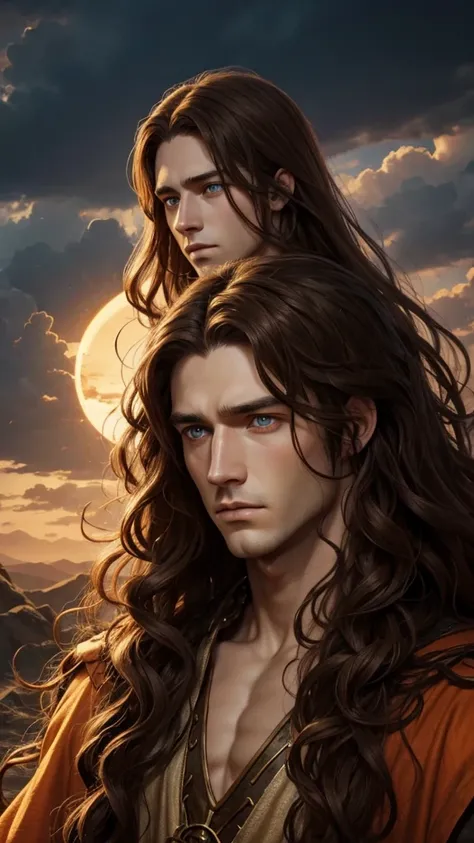 Medieval fantasy god man, pale, long curly brown hair, Orange eyes, sad air.