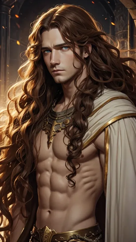 Medieval fantasy god man, pale, long curly brown hair, Orange eyes, sad air.