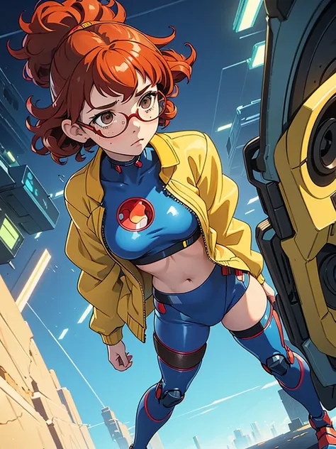 (masterpiece), (best quality), 1 girl, red hair,((brown eyes)),curly hair, (short curly hair) , brown eyes, anime style, freckles, (small breast),(petite figure), (blue outfit),(cyberpunk clothes)),legs, desert background, (yellow glasses)