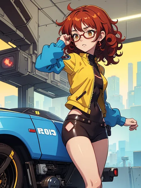 (masterpiece), (best quality), 1 girl, red hair,((brown eyes)),curly hair, (short curly hair) , brown eyes, anime style, freckles, (small breast),(petite figure), (blue outfit),(cyberpunk clothes)),legs, desert background, (yellow glasses)