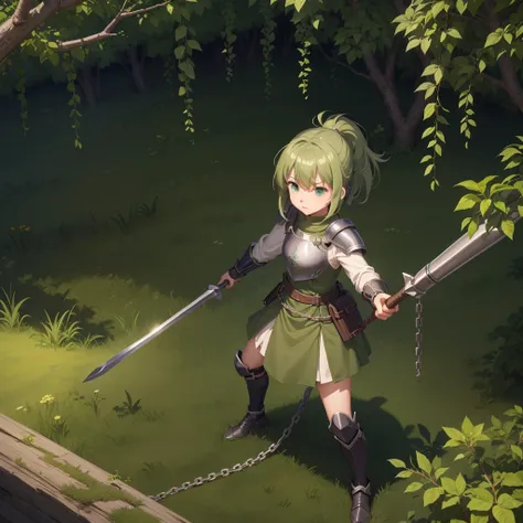 最high quality、high quality、simple khaki green cloth armor、１０year-old girl adventurer、equipped with a weapon that has a short cha...