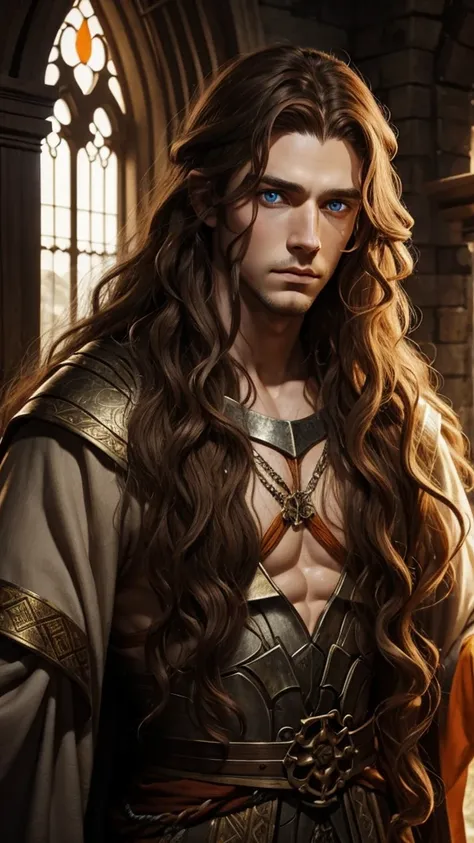 Medieval fantasy god man, pale, long curly brown hair, orange pupils, sad.