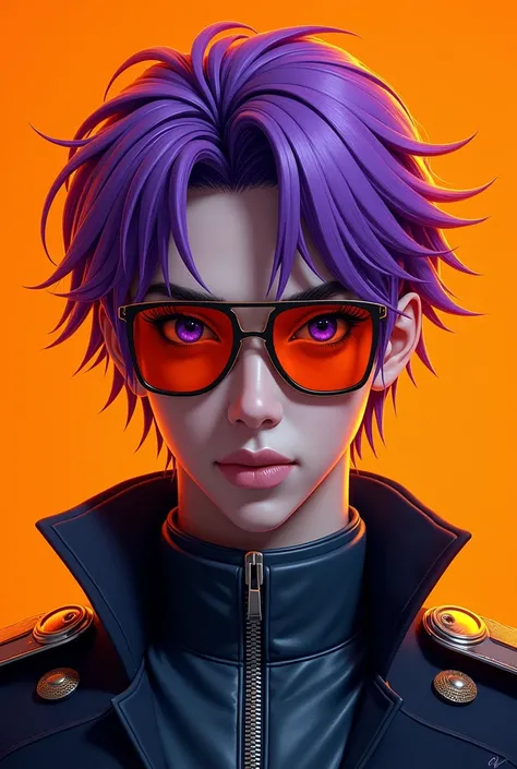 General Raiden, Purple Hair, Purple eyes, Wearing trendy orange sunglasses , Orange background, Portraiture