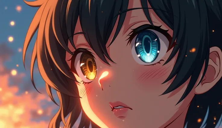 A highly detailed close-up digital illustration of an anime-style characters face, focusing on the eyes, nose, and part of the mouth. The character has large, expressive eyes with one eye being a striking amber hue and the other a sky blue with visible ref...