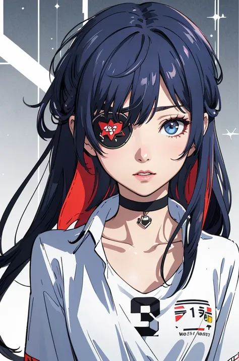 "(Better Quality, first work:1.2) | Detailed Eyes:1.2 1 Female, Wear an eye patch (Dynamic English, perspective, face, Long Hair) choker, shirt, オープンスウェットshirt, finely, first work."