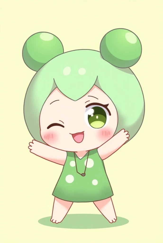 「Two-headed Zundamon anime character。A big round head with a green bun-like hairstyle。With a bright and cheerful smile、She wears cute clothes with a green base.。In a waving pose、The background is simple in color」
