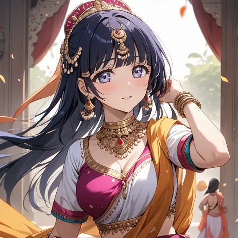 ((Highest quality)), ((masterpiece)), (detailed), （Perfect Face）、The woman is Reika Aoki with semi-long hair、A woman is dancing Rajasthani dance in an Indian Rajasthani dance costume.