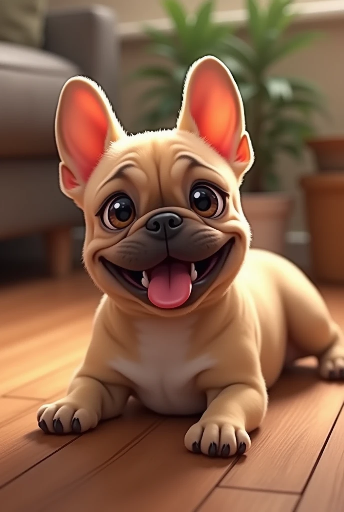 cute french bulldog lying on the floor, head raised, happy muzzle