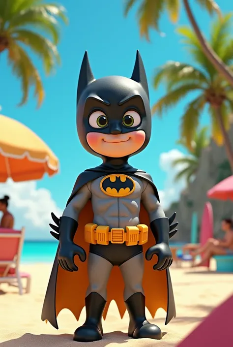 Batman wearing batman beaches costume, at a beach resort. Disney pixar 3D