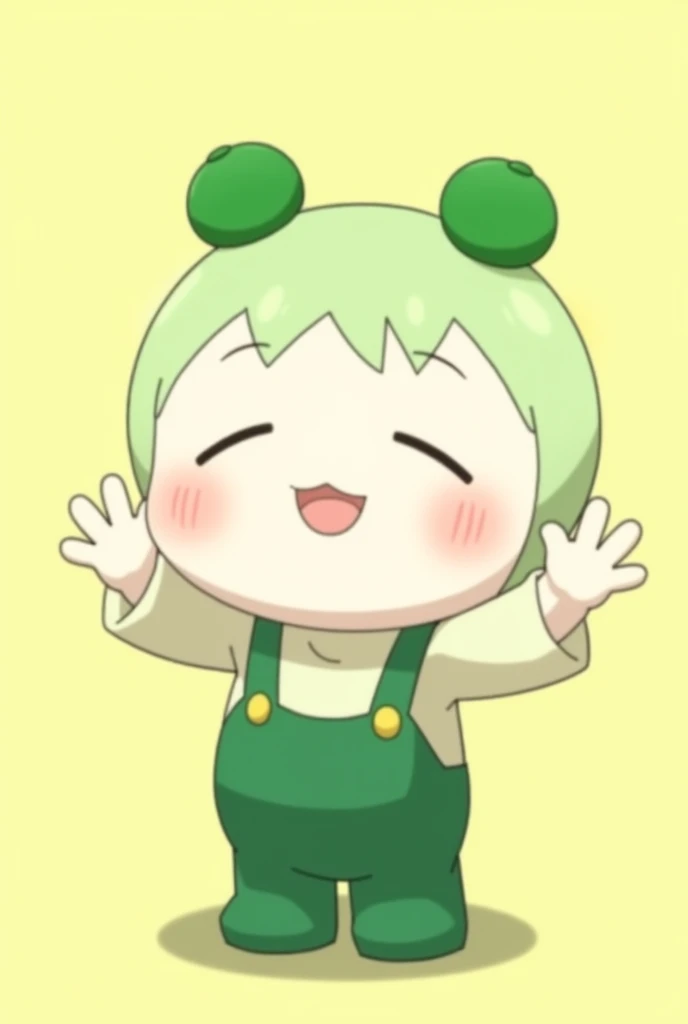 「Two-headed Zundamon anime character。A big round head with a green bun-like hairstyle。With a bright and cheerful smile、Wearing green overalls。In a waving pose、The background is simple in color」
