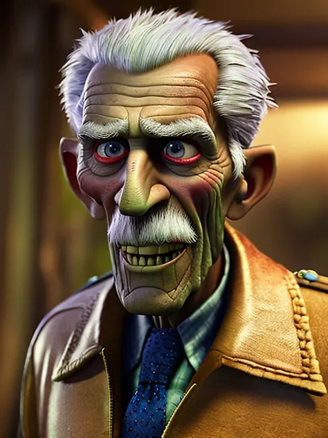 Pixarstyle A waist-high portrait of an elderly man zombie, smile, natural skin texture, 4K textures, HDR, intricate, highly detailed, sharp focus, cinematic look, hyper-detailed