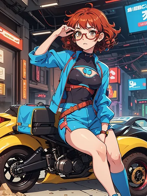 (masterpiece), (best quality), 1 girl, red hair,((brown eyes)),curly hair, (short curly hair) , brown eyes, anime style, freckles, (small breast),(petite figure), (blue outfit),(cyberpunk clothes)),legs, desert background, (yellow glasses)