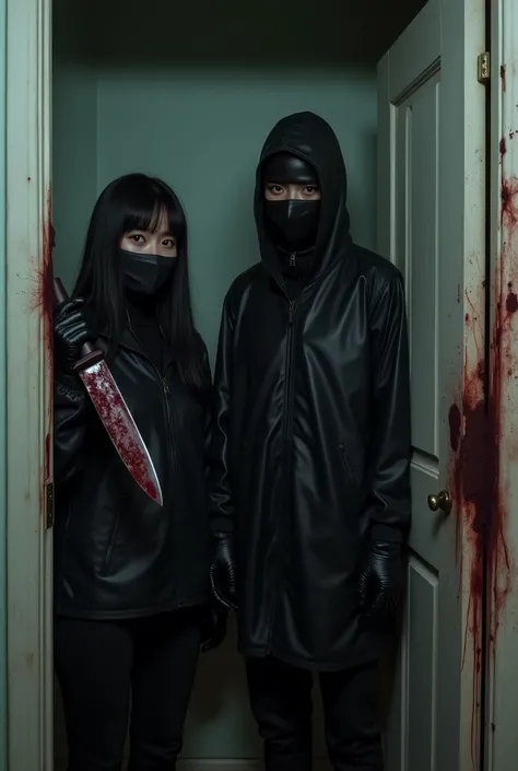 2 korean girls, (holding knife, leather balaclava mask), stabbing, black leather gloves, entrance of the house, black raincoat, girl only, bloody knife, leather gloves, looking at viewer, blood splatter, night, mass murderer, killer, blood splatter, bloody...