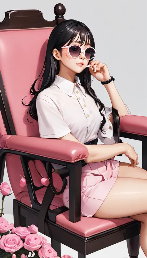 A Japanese woman sitting on a chair while wearing glasses, sunglasses, Wear glasses, Urzan, Woman with rose-colored glasses, Rumlat Currency, 細くて大きな丸いWear glasses, ピンクのWear glasses, 小さな丸いWear glasses, Portrait Jisoo Blackpink, Black Pink&#39;s Jisoo, Black...