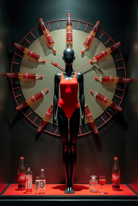 display window with a black mannequin and red swimsuit in a floating yoga position, in the middle of a clock whose hands are coca cola bottles, on a dark background and highlighted in the middle