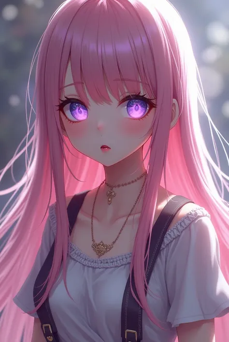 (Best quality,8K,high resolution,masterpiece:1.2),Digital Artwork, A girl，Delicate face，Delicate eyes，Pink Hair，Long and straight hair，Glowing purple eyes，Red lips，Suspenders
