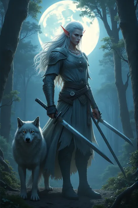 Create a moon elf with a wolf by his side in a forest at night the elf needs to hold two katanas and be a man