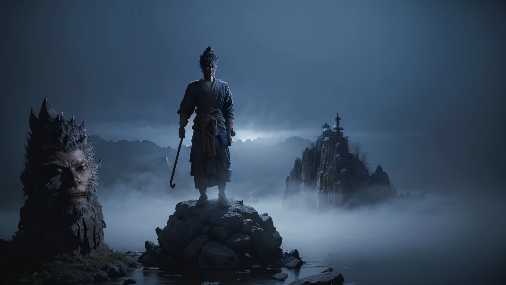 wukong \(black myth\) standing on a huge rock and looking at the huge buddha statue formed by water，swinging the golden cudgel，a...