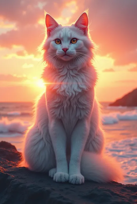 high quality, 8K Ultra HD, A beautiful cute cat  with sunset coast, sunset coast should serve as the underlying backdrop, with its details incorporated into the goddess , crisp lines, The background is monochrome, sharp focus, double exposure, by yukisakur...