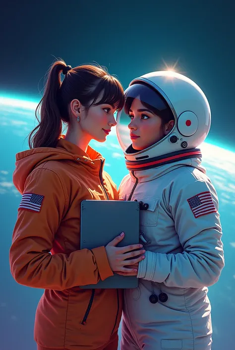 Creat a programmer and astronaut, programmer very good person and his age is 21 and astronaut she is a good person too her age 23 and both professional and ther in love make it cool decent and make it front look in this image 