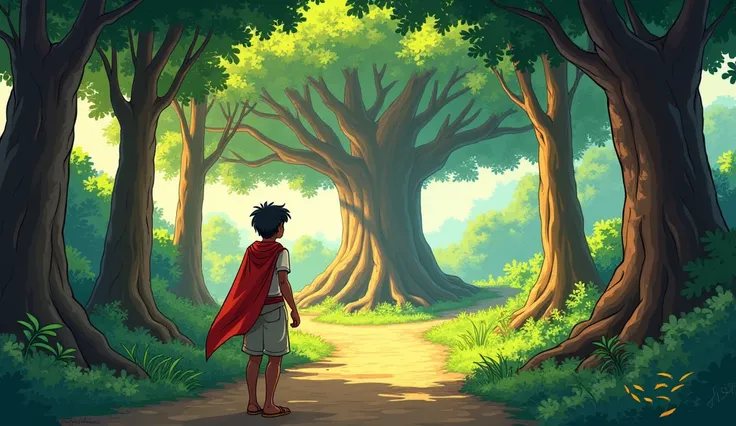 Sage Bhaskar guiding Arav to the tree: Comic style. Arav, still the young adult warrior, follows Sage Bhaskar through a forest path lined with dense foliage and vibrant greenery. The path is surrounded by tall trees with thick trunks, and the air is filled...