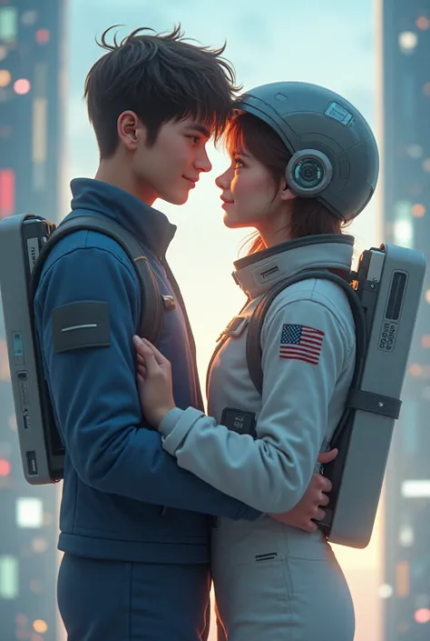 Creat a programmer and astronaut, programmer very good person and his age is 21 and astronaut she is a good person too her age 23 and both professional and ther in love make it cool decent and make it front look in this image programmer is boy whos age is ...