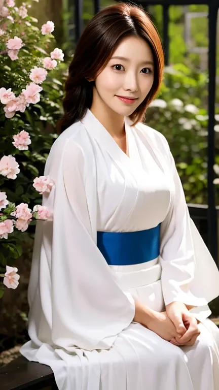 She is moaning loudly in the missionary position.,Highest quality, expensive_solve, clear_image, Detailed Background ,, Hanbok,flower,garden,moon, night,