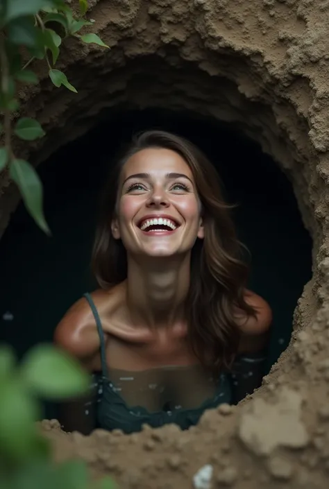 A woman trapped in a hole with half of her body showing, but her face is full of happiness