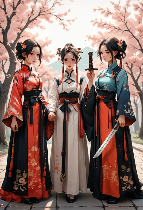 best quality, masterpiece, highres,3girls,beautiful face,full body,chinese clothes,white taoist robes,right hand hold sword with...