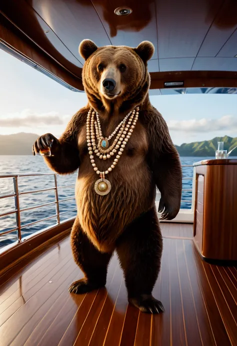 (Brown Bear), Symmetry front view of a cute Brown Bear, wearing colorful hawaii shirt and expensive golden sunglasses, holding a glas of champain in one paw, standing on a expensive yacht wooden floor out on the ocean. extra wide angle, atmospheric lightin...