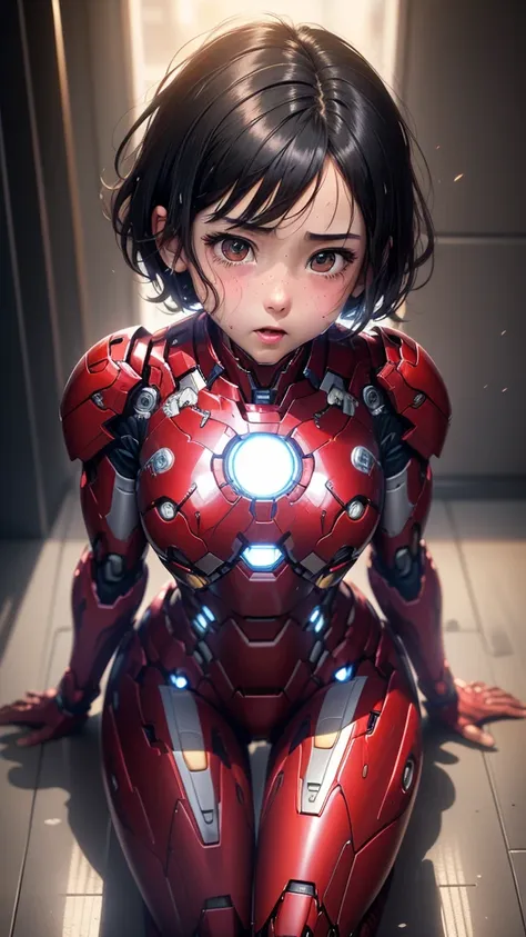 highest quality　8k iron man suit girl　elementary school girl　sweaty face　cute　short hair　boyish　steam coming from the head　my ha...