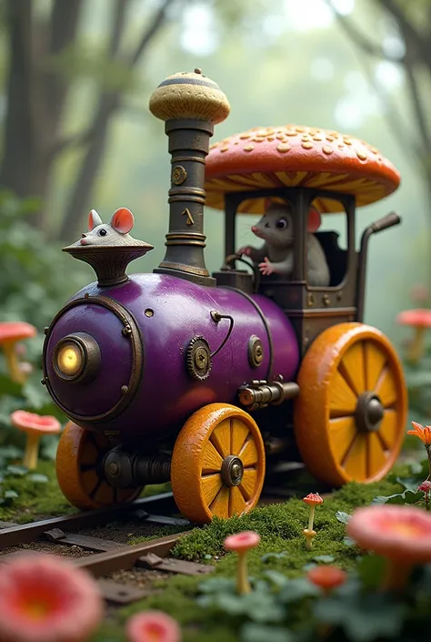 Vegetable locomotive. Eggplant boiler, pipes - mushrooms, wheels - squash, the driver is a mouse.