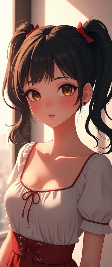 anime:1.5, (Single beautiful young woman with twin pigtails hairstyle:1.5), Modern clothing, animated style, detailed face, pretty eyes, cute expression, Soft lighting, detailed representation, vibrant colors, elegant, Capricious, Very detailed, 8k,