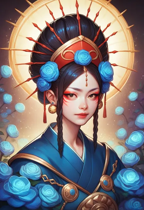 a young asian woman with dark hair and red makeup, wearing an ornate headdress and a blue and gold kimono-style garment, set aga...