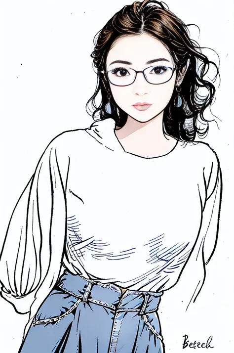 1 female, 30-year-old, alone, thin, slender, small breasts!!!, loose curly hair, bedhead, forehead, thin, slender, (((glasses)))...