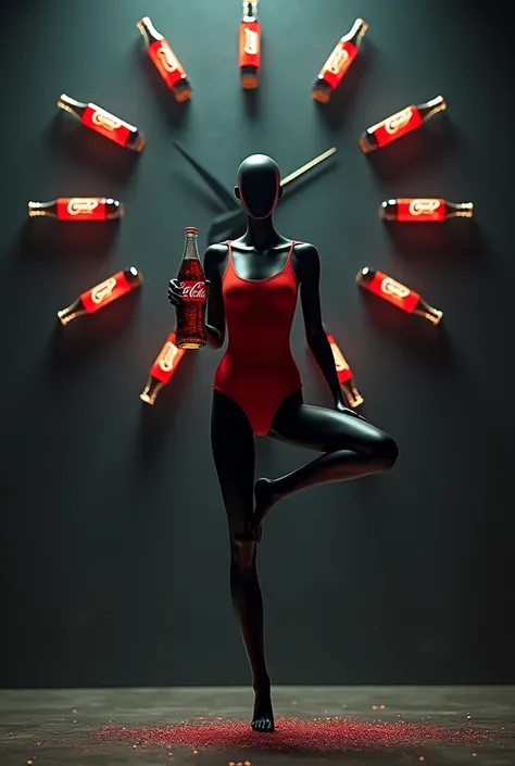 shop window with a black mannequin in a red swimsuit holding a coca cola in a floating yoga position, in the middle of a clock whose hands are coca cola bottles, on a dark background and highlighted in the middle