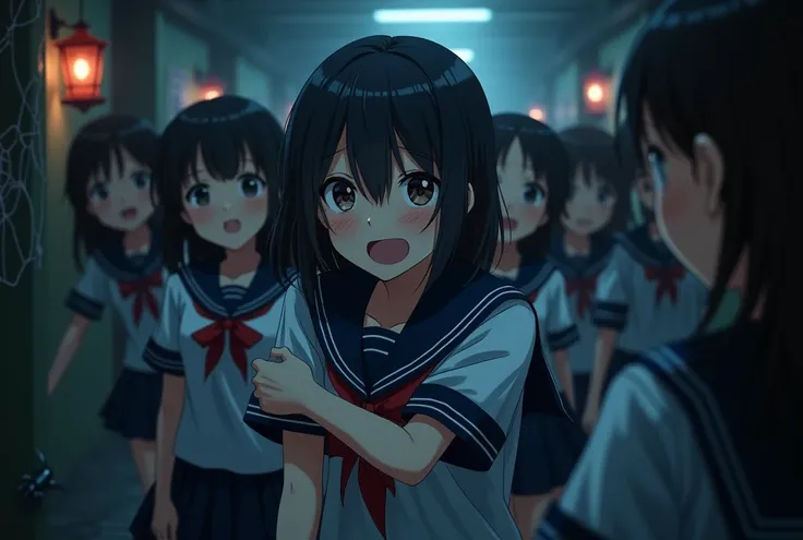 A full-shot photograph capturing a group of (Japanese high school girls:1.3) in (sailor uniforms:1.2) experiencing fear and excitement inside a haunted house after school. The central subject, a (teenage girl:1.3) with (dark, shoulder-length hair and brigh...