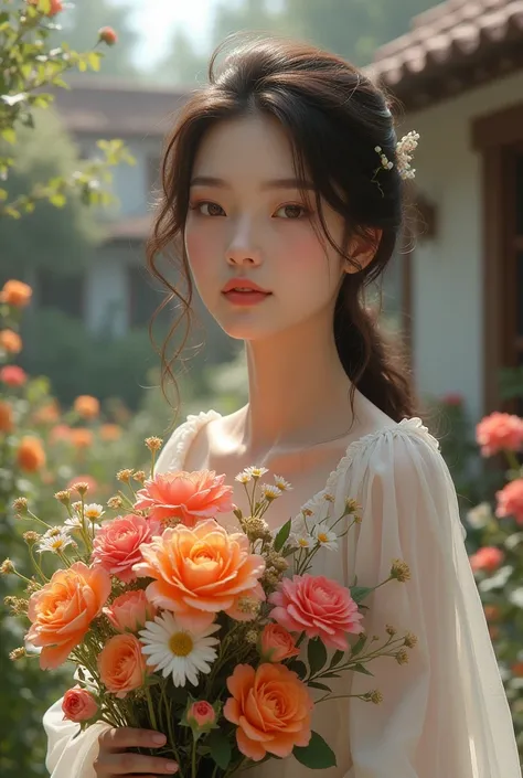 A beautiful girl holding flowers in front of the house