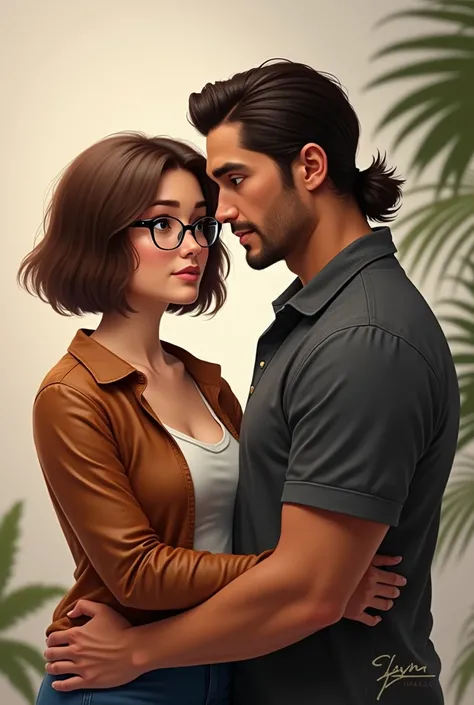 A couple where the woman is white with brown short hair and glasses, a little fatter and the man from Colombian origin with black mulet hair and brownish skin color 
