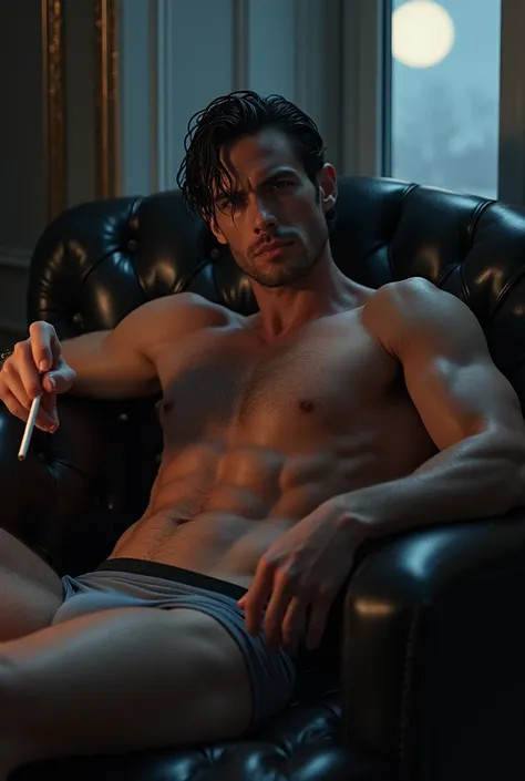 Image of an extremely beautiful man, marked jaw, muscular, grey eyes, very masculine, extremely masculine, sexy look, wet black hair, in a dark room lit by moonlight entering through a fancy window, lying on a black leather sofa, with a cigarette in his ha...