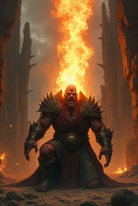 (photorealism:1.2), Goliath warlock falling to his knees as a flame erupts from his eyes and a deity is freed