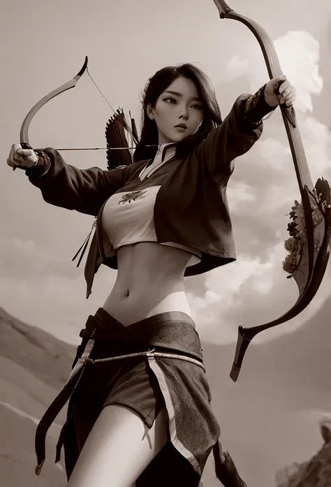 girl in crop top shirt , archery,  (open navel),