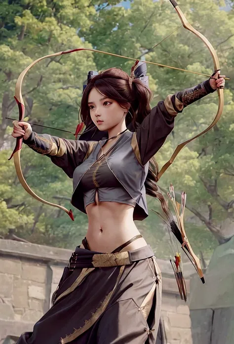 girl in crop top shirt , Archery,  (open navel), bow, arrow