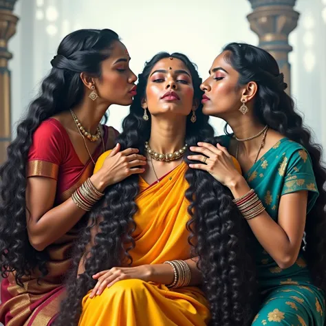 An unusual yet intriguing scene set within the sacred precincts of an ancient Indian Kali temple. Three young Indian ladies, adorned in vibrant, traditional sarees, stand out against the dark, mystical backdrop. Their unnaturally black, 3C curly hair, remi...