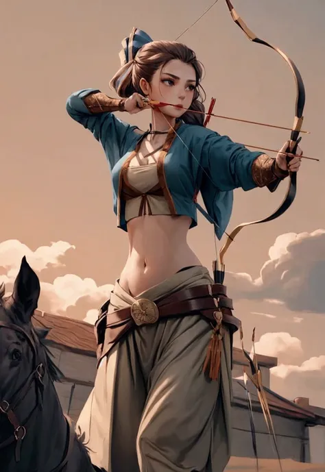 girl in crop top shirt , Archery,  (open navel), bow, arrow