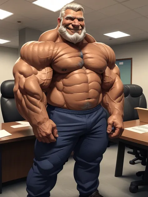 a muscular old man with a beard, no mustache, shirtless, topless, pants, massive muscular, thick arms, smile, pectoral, standing in office, (best quality,4k,8k,highres,masterpiece:1.2),ultra-detailed,,detailed wrinkles,detailed facial features,detailed tex...