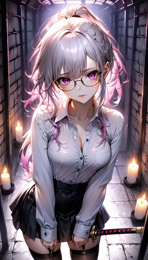 Intelligent beauty, glasses, platinum color messy wavy ponytail, forehead, (attractive and seductive) and (amorous and lewd) expression, pink eyes, make-up, glamorous proportions, wearing unbuttoned white shirt, tight black mini skirt, black stockings, iri...