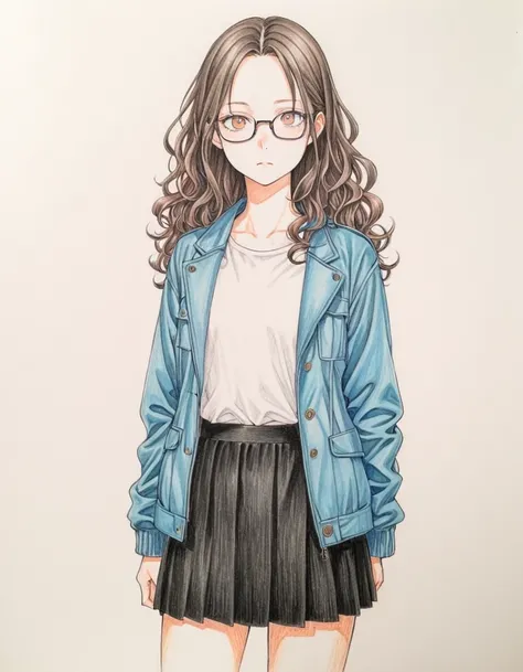 1 female, 30-year-old, alone, thin, slender, small breasts!!!, Loose curly hair, Bedhead, Forehead, thin, slender, (((glasses))), jacket, Skinny skirt, Are standing, art, Colored pencil drawing, draft, White background