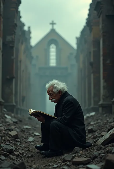 Einstein sitting on his knees sadly before a destroyed church with a quantum mechanics book in hand and heads down.