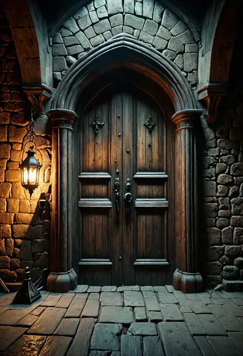 a mysterious old wooden door in the center of a dark, gloomy dungeon-like room, keys lying on the floor in front of the door, an...